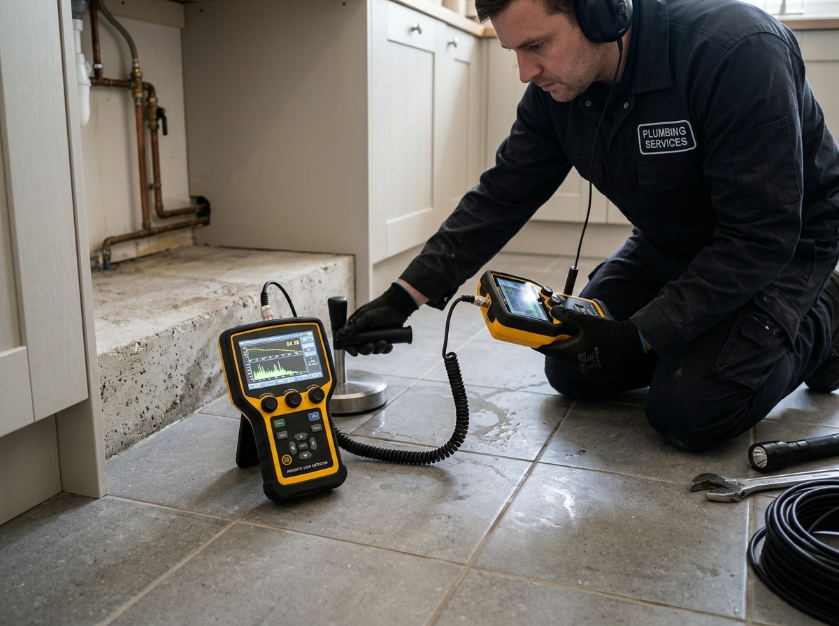 Plumbing technician compiling slab leak documentation report
